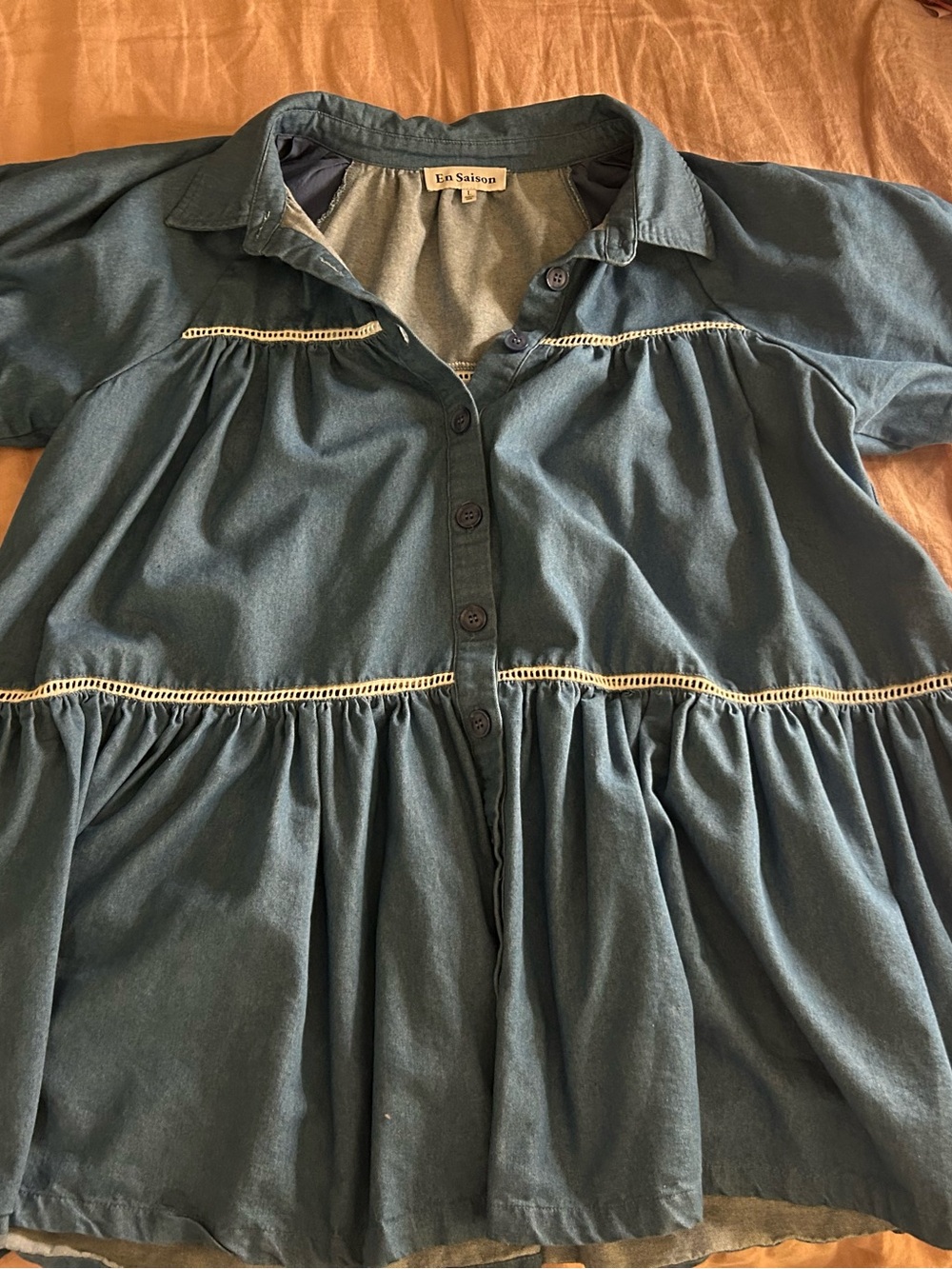 En Saison Denim colored Button-Front Tiered mini dress with Cream Trim